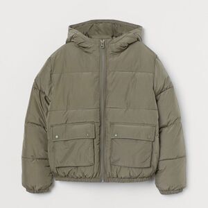 H&M Padded Hooded Jacket in Khaki Green